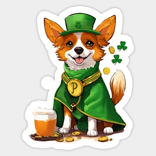 "Corgi in St. Patrick's Day costume with gold coins and clover." Sticker